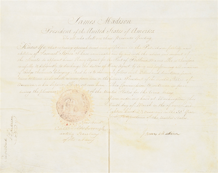 RARE MANUSCRIPT PRESIDENTIAL NAVAL APPOINTMENT OF SAMUEL STORER SIGNED BY PRESIDENT JAMES MADISON.                                                                                                      