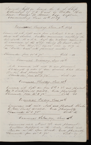 JOURNAL, USS COLUMBUS, CONSTELLATION AND POTOMAC, CAPTAIN GEORGE WASHINGTON STORER, JUNE 11, 1839-1841.                                                                                                 