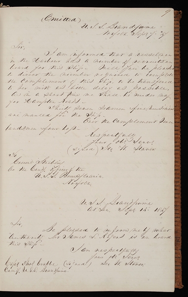 LETTER BOOK, USS BRANDYWINE, GEORGE WASHINGTON STORER COMMANDING, RIO DE JANEIRO, JULY 13, 1847-JULY 9, 1849.                                                                                           
