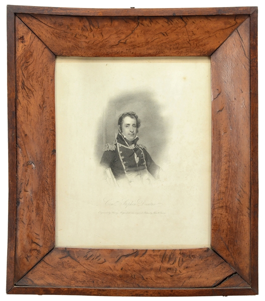 RARE CIRCA 1820 ENGRAVING OF STEPHEN DECATUR, FRAME MADE FROM DECKING OF HIS FRIGATE "UNITED STATES".                                                                                                   