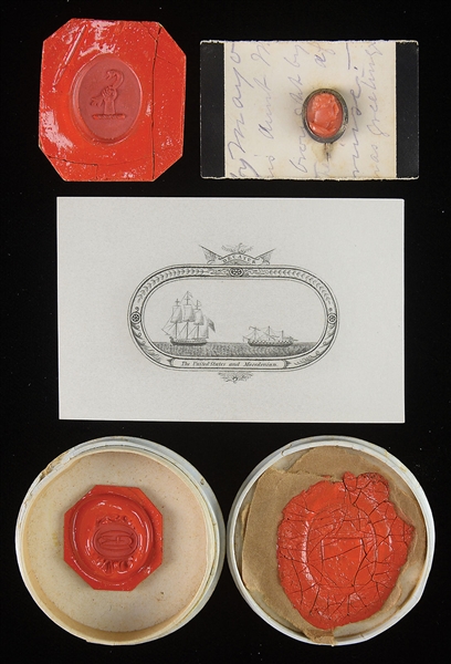 GROUP OF STEPHEN DECATURS ENGRAVED CALLING CARDS ALONG WITH EARLY WAX SEALS AND CAMEO STICK PIN.                                                                                                       