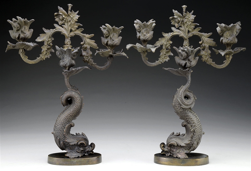 PAIR OF FRENCH EMPIRE BRONZE DOLPHIN CANDELABRUM TAKEN BY CAPTAIN STEPHEN DECATUR AS PRIZE FROM THE FRENCH PRIVATEER "CROYABLE" WHEN CAPTURED BY CAPT DECATUR JULY 7, 1798 IN COMMAND OF US WARSHIP DELA