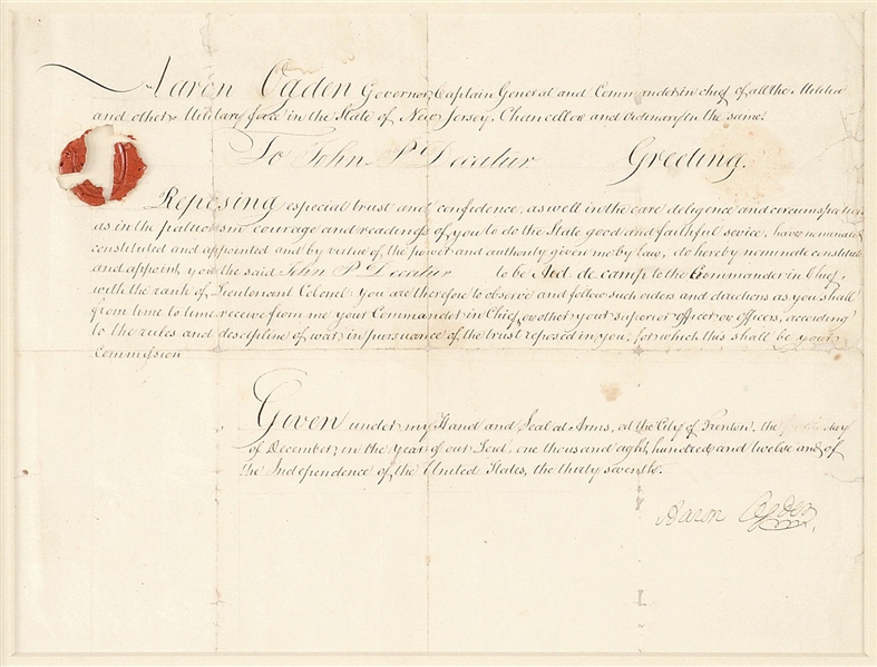 RARE 1812 DATED NEW JERSEY STATE MILITARY APPOINTMENT TO LT. COLONEL JOHN PINE DECATUR, BROTHER OF COMMODORE STEPHEN DECATUR.                                                                           