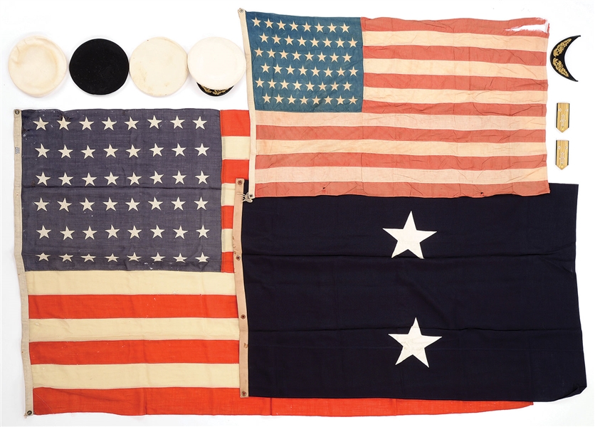 ADMIRAL MORTON L. DEYO ARCHIVE INCLUDING HIS WWII ERA VISOR CAP, TWO-STAR ADMIRALS PENNANT, TWO 48-STAR FLAGS THOUGHT TO HAVE BEEN WITH DEYO WHEN COMMANDING THE U.S.S TUSCALOOSA DURING THE BOMBARDMENT