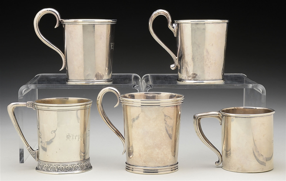 FIVE STERLING AND COIN SILVER CHILDS HANDLED CUPS FROM THE DECATUR/PHILBRICK FAMILIES.                                                                                                                 