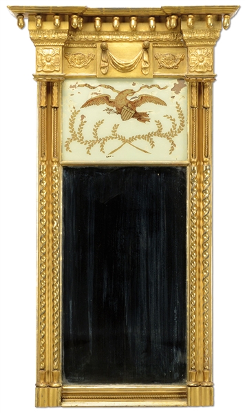 FINE FEDERAL PATRIOTIC GOLD GILT AND CARVED LOOKING GLASS WITH EGLOMISE PANEL.                                                                                                                          