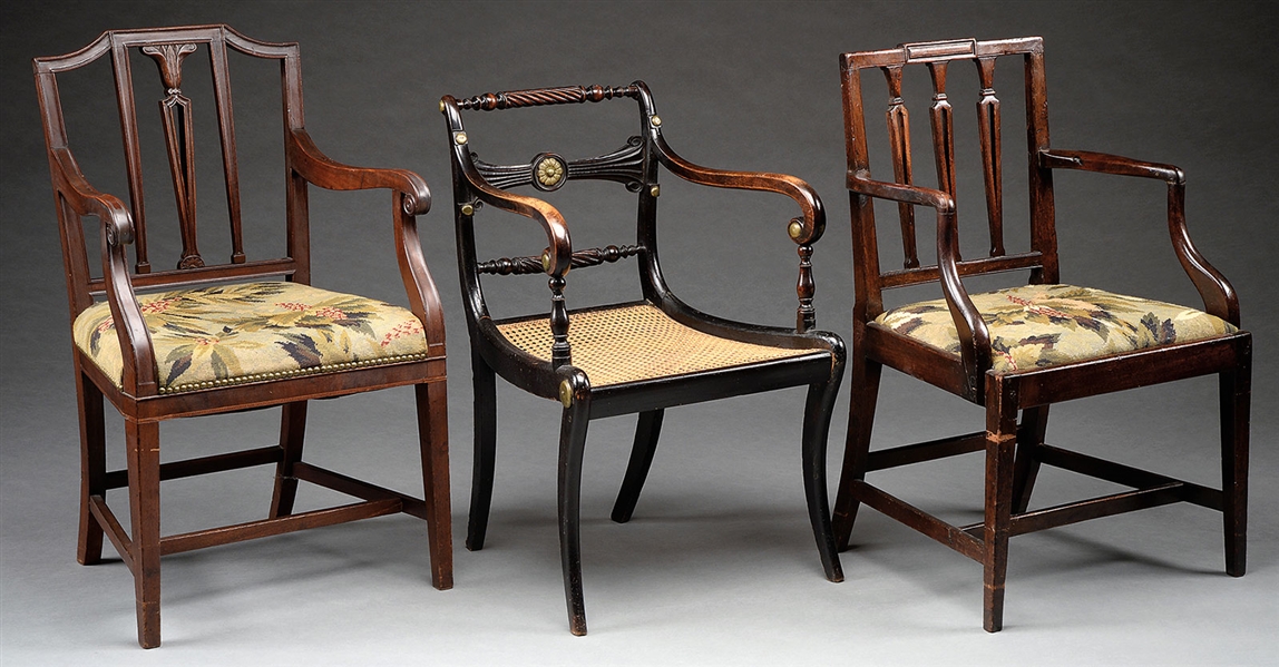 TWO SQUARE BACK FEDERAL ARMCHAIRS TOGETHER WITH A BOSTON FANCY CHAIR.                                                                                                                                   