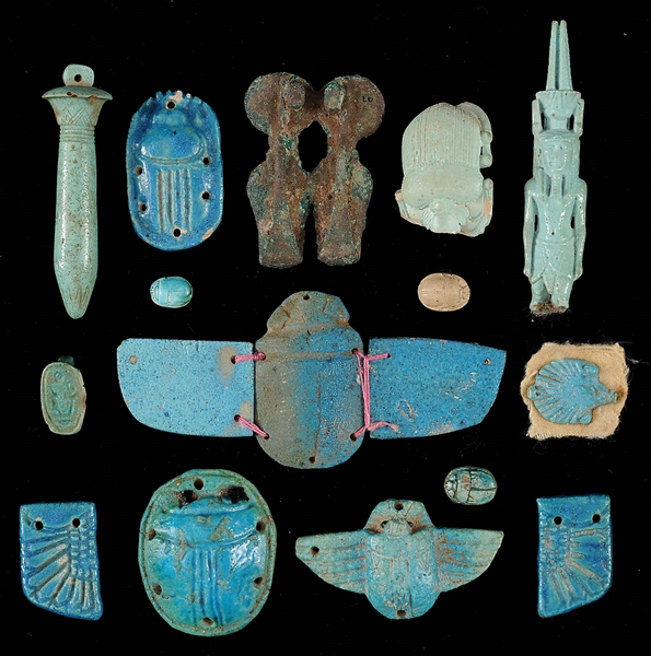LOT OF EXCAVATED GLAZED POTTERY INCLUDING SCARABS, AMULETS AND METAL PIECE.                                                                                                                             
