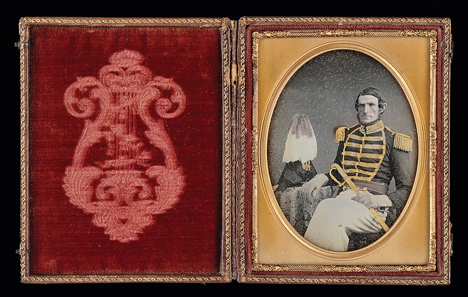 MEXICAN WAR ERA QUARTER-PLATE DAGUERREOTYPE OF CRYSTAL CLEAR OFFICER WITH EAGLE HEAD SWORD.                                                                                                             
