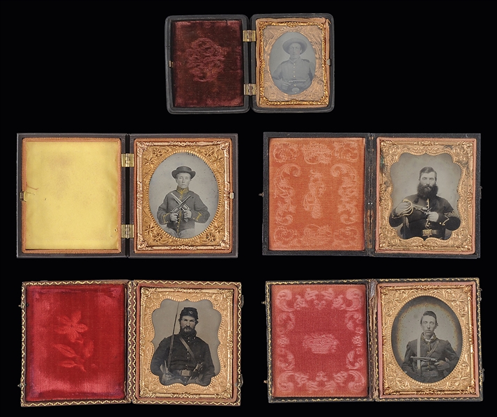 GROUP OF FIVE EXCEPTIONAL CIVIL WAR HARD IMAGES OF UNION SOLDIERS BRANDISHING REVOLVERS.                                                                                                                