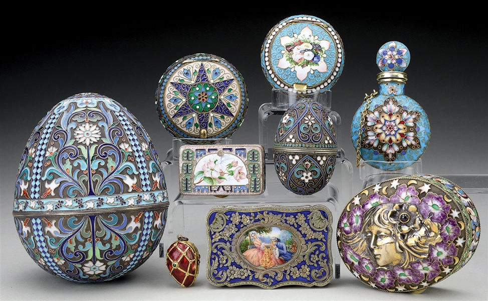 SEVEN RUSSIAN ENAMEL PIECES AND TWO OTHERS.                                                                                                                                                             