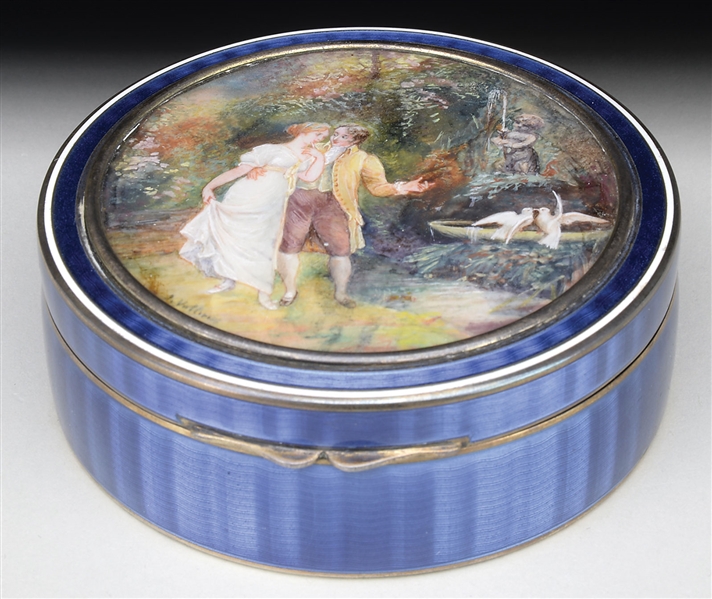 OUTSTANDING FRENCH ENAMELED SILVER ROUND HINGED BOX WITH PAINTED SCENE.                                                                                                                                 