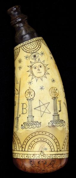 ESA - EXCEPTIONAL AND RARE MASONIC SCRIMSHAW DECORATED WHALES TOOTH SNUFF BOTTLE.                                                                                                                      