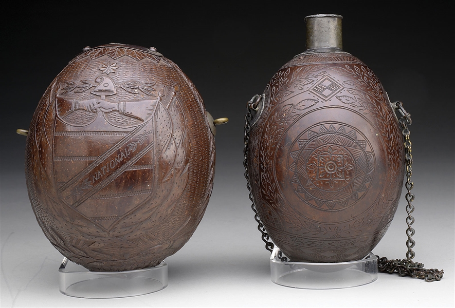 ESA - TWO FINE CARVED COCONUT CANTEENS, ONE WITH TWO IVORY BEAD "EYES".                                                                                                                                 
