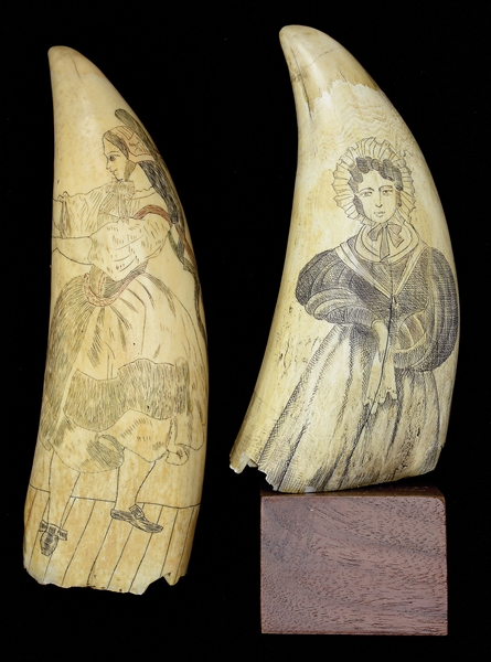ESA - TWO SCRIMSHAW WHALES TEETH OF YOUNG WOMEN.                                                                                                                                                       