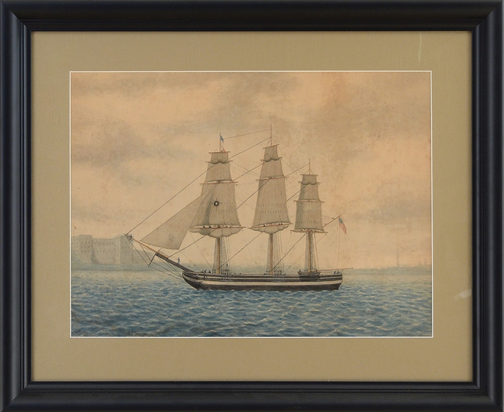 POSSIBLY BY ROBERT SALMON (AMERICAN/SCOTTISH, 1775-1844) BROADSIDE OF SAILING VESSEL IN MARSEILLES HARBOR.                                                                                              