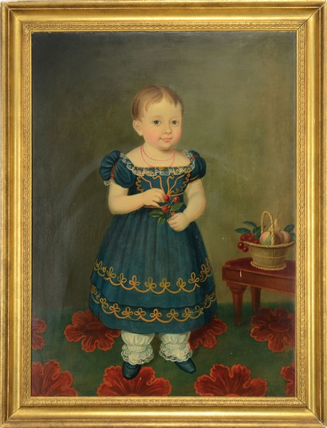 AMERICAN SCHOOL (2ND QUARTER 19TH CENTURY) FULL LENGTH PORTRAIT OF A YOUNG GIRL WITH CHERRIES                                                                                                           