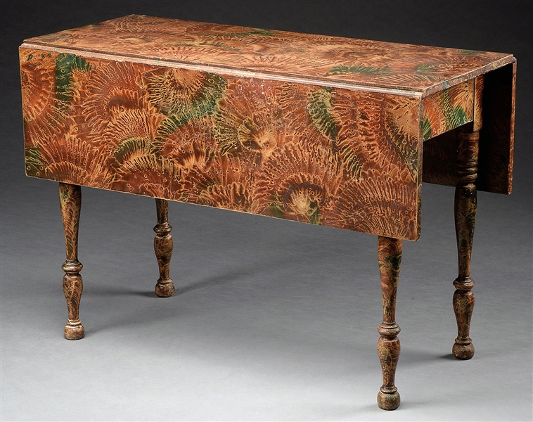 SPECTACULAR AND RARE VINEGAR PAINT DECORATED DROP-LEAF TABLE.                                                                                                                                           