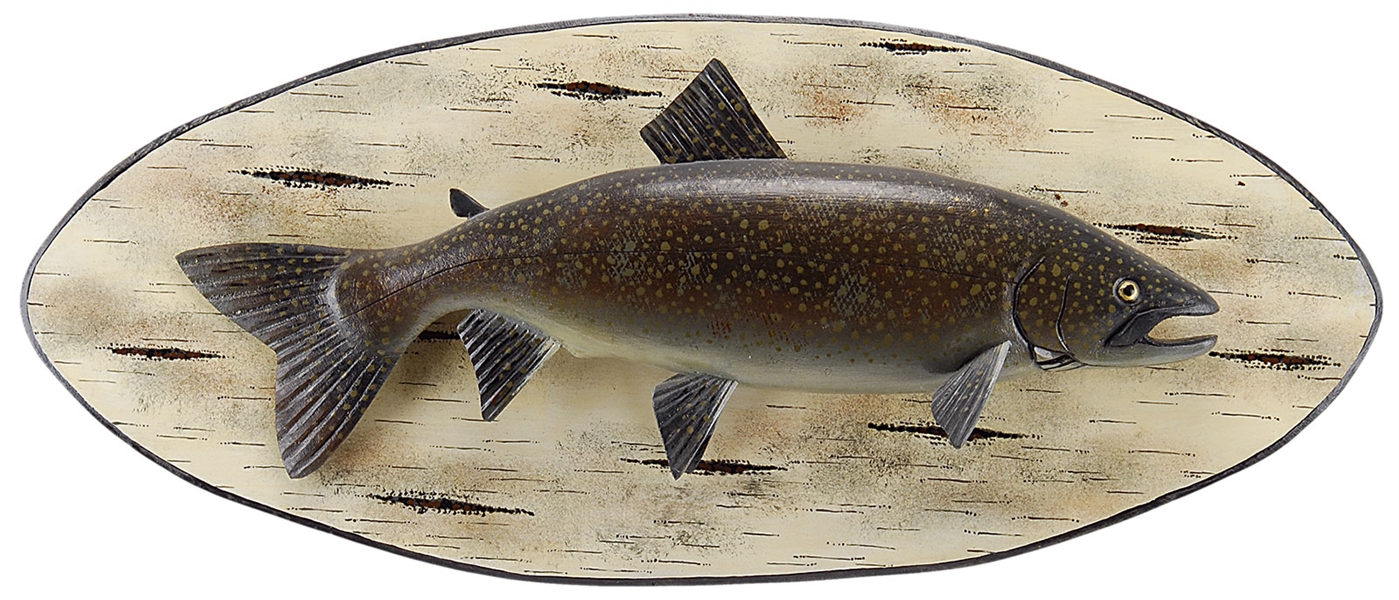 CARVED AND PAINTED 27" LAKE TROUT BY LAWRENCE C. IRVINE, WINTHROP, ME.                                                                                                                                  