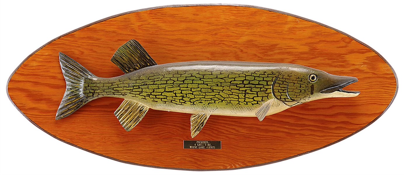 CARVED AND PAINTED 25" PICKEREL BY LAWRENCE C. IRVINE, WINTHROP, ME.                                                                                                                                    