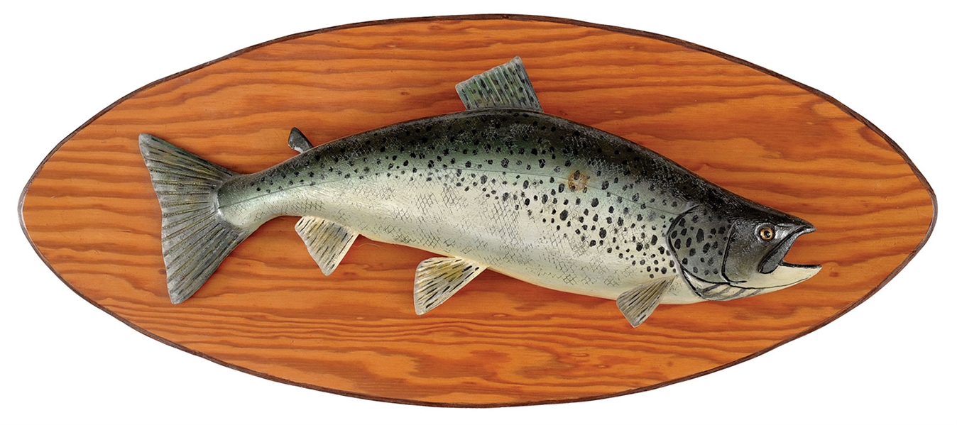 CARVED & PAINTED 25” SALMON BY LAWRENCE C. IRVINE, WINTHROP, ME.                                                                                                                                        