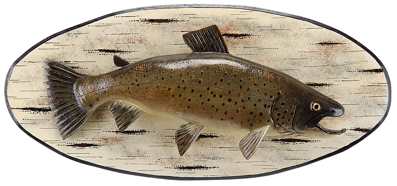 CARVED AND PAINTED 18" BROWN TROUT BY LAWRENCE C. IRVINE, WINTHROP, ME.                                                                                                                                 