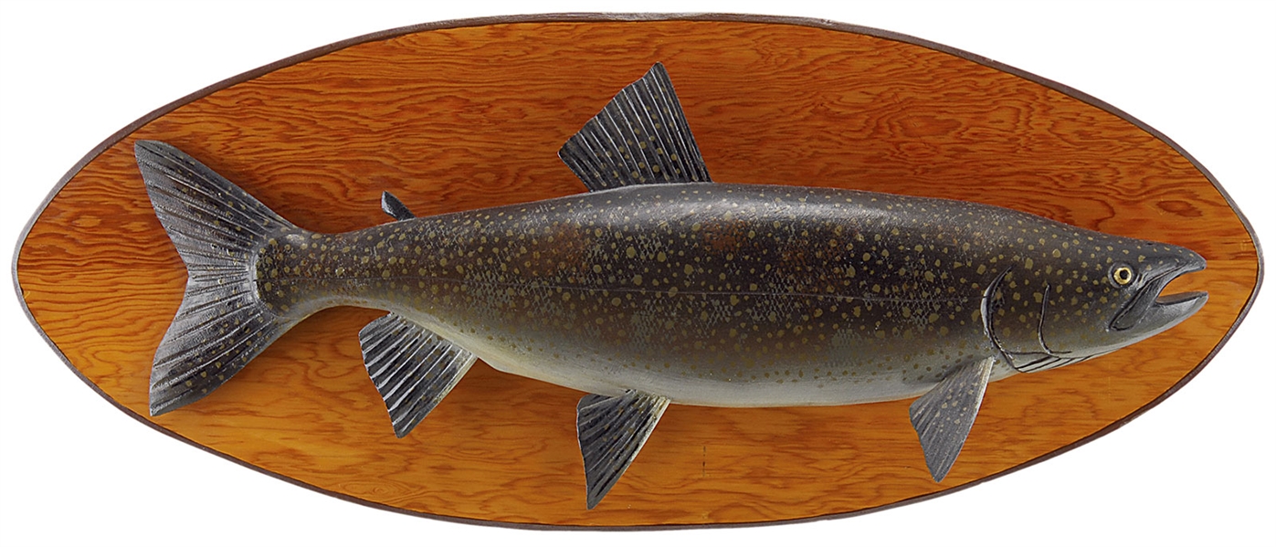 CARVED AND PAINTED 30" LAKE TROUT BY LAWRENCE C. IRVINE, WINTHROP, ME.                                                                                                                                  