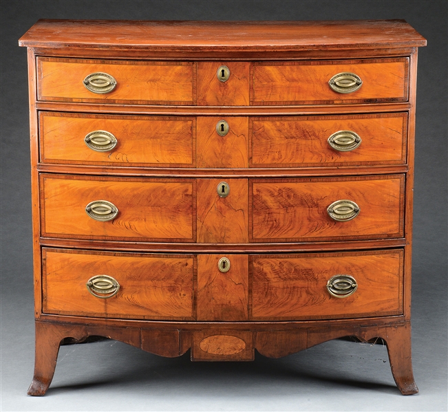 FINE PORTSMOUTH BOWFRONT INLAID CHERRY CHEST OF DRAWERS.                                                                                                                                                