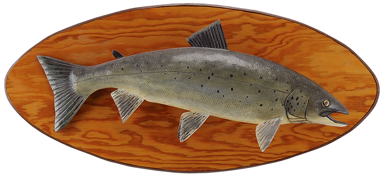CARVED AND PAINTED 29" SALMON BY LAWRENCE C. IRVINE, WINTHROP, ME.                                                                                                                                      