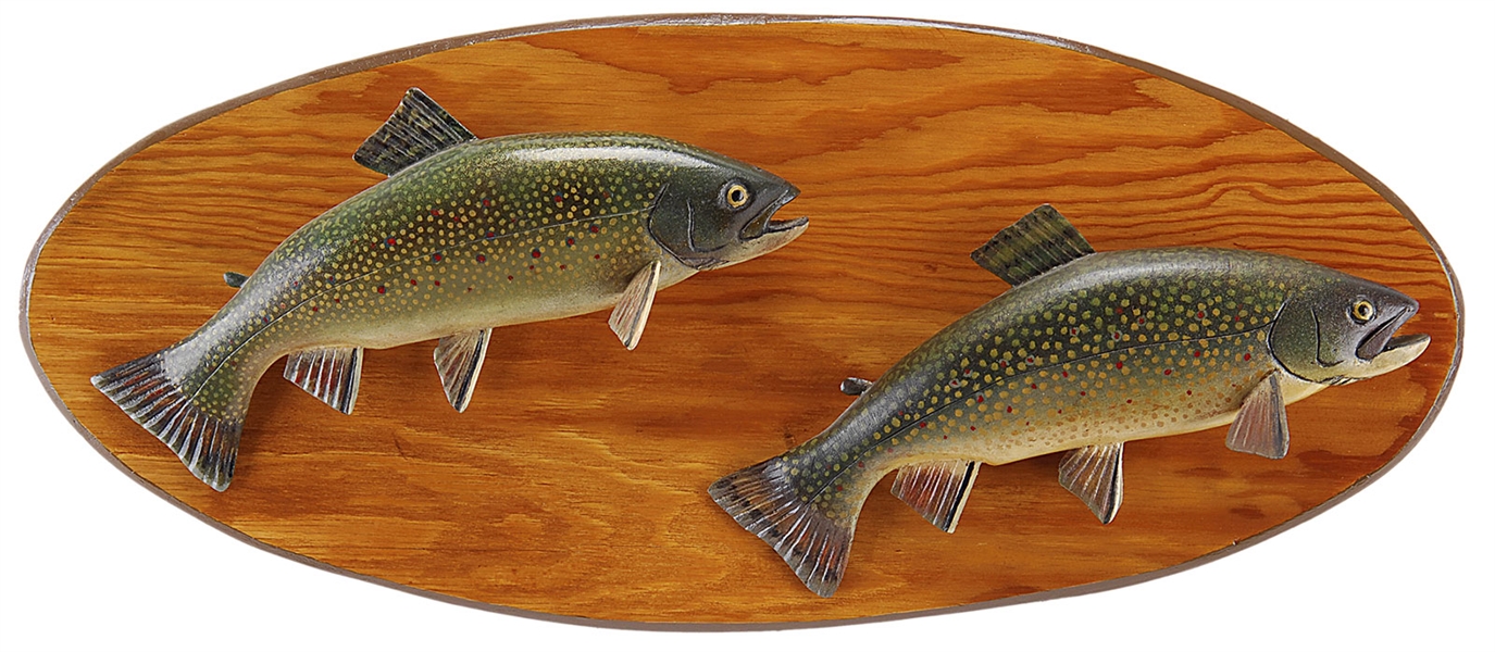 CARVED AND PAINTED 14" DOUBLE BROOK TROUT BY LAWRENCE C. IRVINE, WINTHROP, ME.                                                                                                                          
