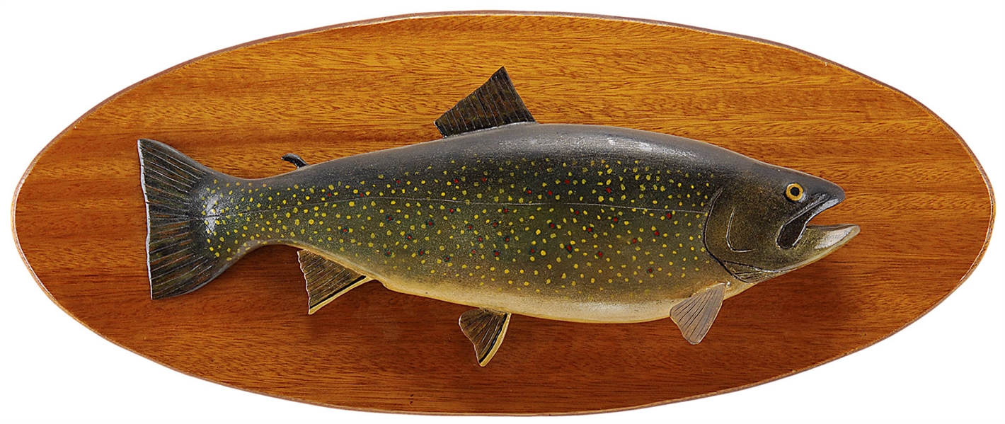 CARVED AND PAINTED 21" BROOK TROUT BY LAWRENCE C. IRVINE, WINTHROP, ME.                                                                                                                                 