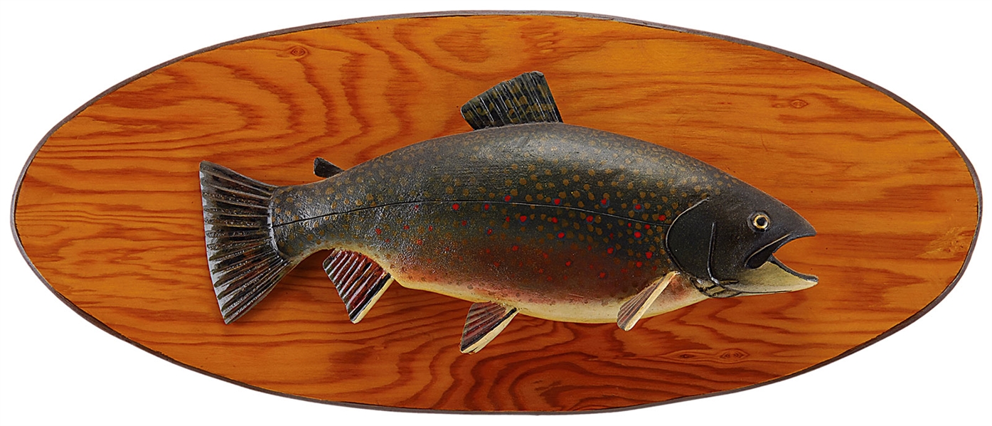 CARVED AND PAINTED 18" BROOK TROUT BY LAWRENCE C. IRVINE, WINTHROP, ME.                                                                                                                                 