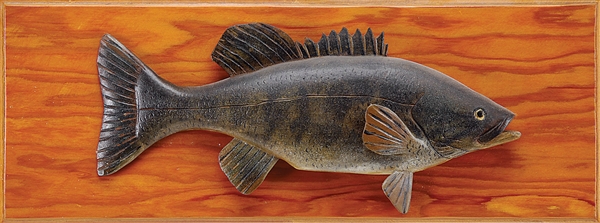 CARVED AND PAINTED 14" SMALL MOUTH BLACK BASS BY LAWRENCE C. IRVINE, WINTHROP, ME.                                                                                                                      