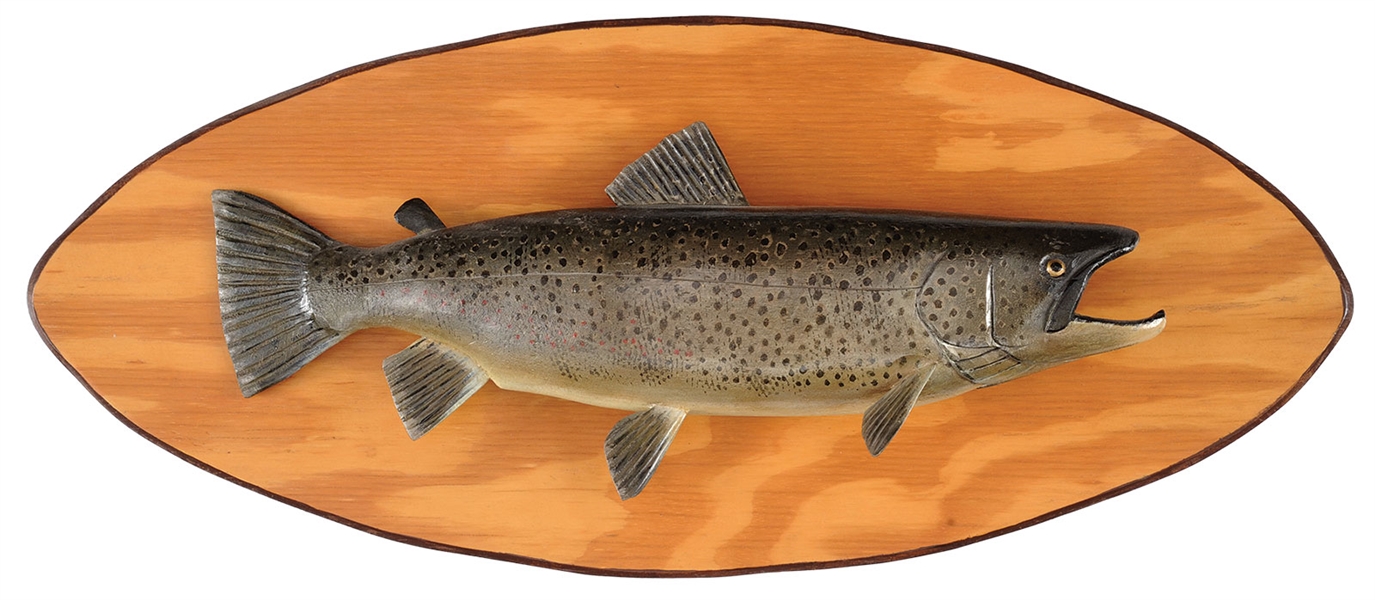 CARVED & PAINTED 24” BROWN TROUT BY LAWRENCE C. IRVINE, WINTHROP, ME.                                                                                                                                   
