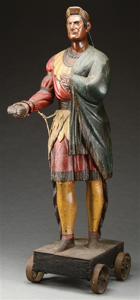 IMPORTANT CARVED AND POLYCHROME PAINTED TOBACCONIST FIGURE OF NATIVE AMERICAN MAN, ATTRIBUTED TO THOMAS BROOKS.                                                                                         