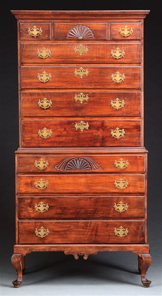 NEW ENGLAND QUEEN ANNE BIRCH AND MAPLE CHEST ON CHEST.                                                                                                                                                  