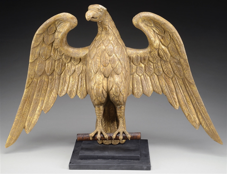 LARGE CARVED GILTWOOD DISPLAYED EAGLE ON PERCH.                                                                                                                                                         