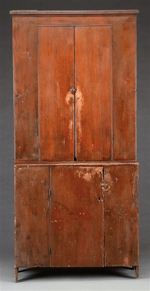 EARLY AMERICAN DECORATED PINE STEP BACK CUPBOARD.                                                                                                                                                       