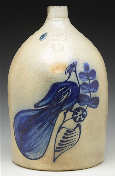 FINE N. A. WHITE & SON THREE GALLON STONEWARE JUG DECORATED WITH FANCIFUL COBALT BLUE BIRD.                                                                                                             