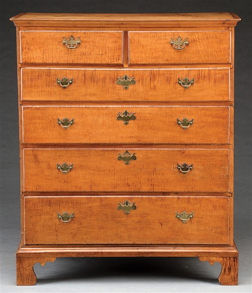 CHIPPENDALE TIGER MAPLE TALL CHEST OF DRAWERS.                                                                                                                                                          