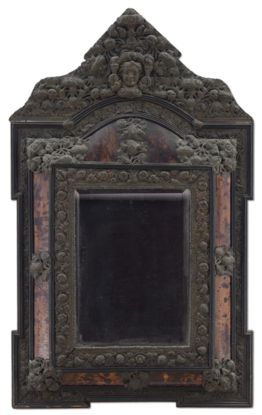 DUTCH BAROQUE STYLE FAUX TORTOISE SHELL AND BRASS MOUNTED WALL MIRROR.                                                                                                                                  