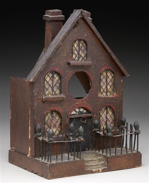 VICTORIAN GOTHIC PAINTED AND CARVED WATCH HUTCH IN THE FORM OF A HOUSE.                                                                                                                                 