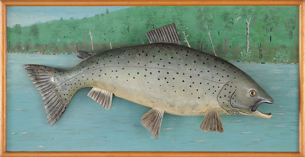 CARVED & PAINTED 24” SALMON BY LAWRENCE C. IRVINE, WINTHROP, ME.                                                                                                                                        