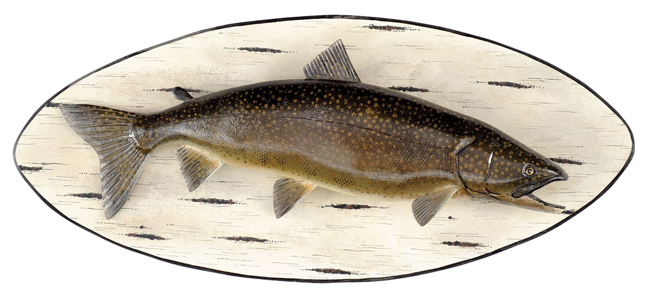 CARVED & PAINTED 27-1/2” LAKE TROUT BY LAWRENCE C. IRVINE, WINTHROP, ME.                                                                                                                                
