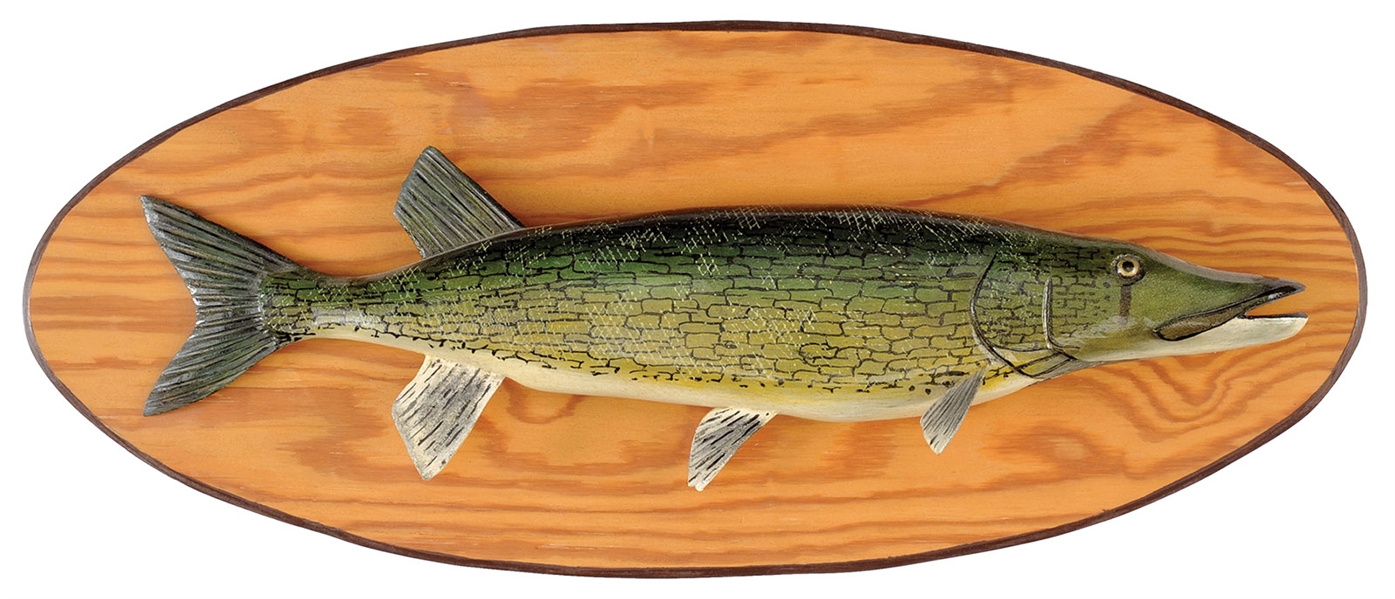 CARVED & PAINTED 24” PIKE BY LAWRENCE C. IRVINE, WINTHROP, ME.                                                                                                                                          
