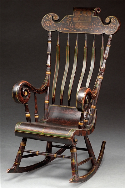 EXCEPTIONAL PAINT-DECORATED BOSTON ROCKING CHAIR WITH ARMS.                                                                                                                                             
