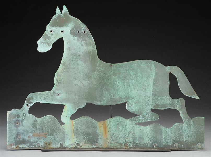GRAPHIC LARGE COPPER RUNNING HORSE TRADE SIGN.                                                                                                                                                          