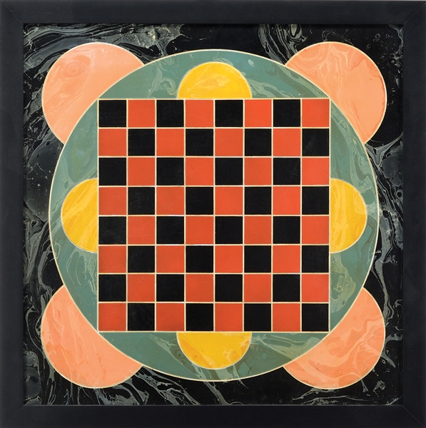 EXCEPTIONAL POLYCHROME DECORATED SLATE CHECKERS GAMEBOARD.                                                                                                                                              