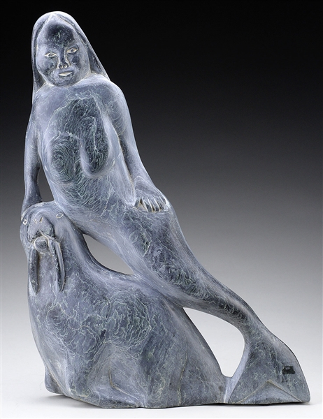 LARGE CARVED SOAPSTONE FIGURE OF A MERMAID AND WALRUS.                                                                                                                                                  