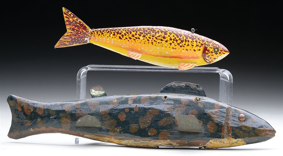 TWO CARVED AND PAINTED FISH DECOYS, ATTRIBUTED TO OSCAR PETERSON (1887-1951).                                                                                                                           